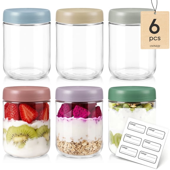 OVINESY Glass Meal Prep Jars 6 Pack 16 oz, Airtight Leakproof Overnight Oats Containers with Lids, Wide Mouth Mason Jars for Yogurt, Chia Pudding, Salad & Healthy Breakfast Storage