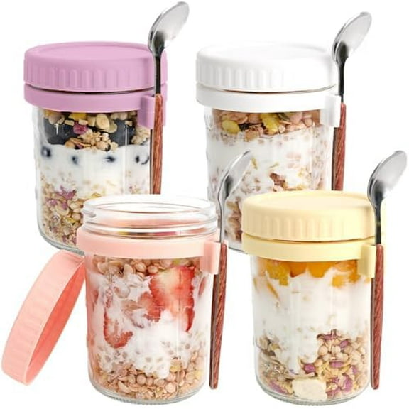 Overnight Oats Containers with Lids and Spoons - 4 Pack 16oz Glass Mason Jars, Leakproof Meal Prep Storage
