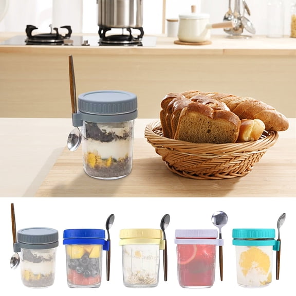 Overnight Oats Jar With Lid & Spoon | 350ML Glass Meal Prep Container for Cereal, Yogurt & Fruit | Portable Breakfast Jar for Work, Gym & Travel | Reusable BPA-Free Storage Container