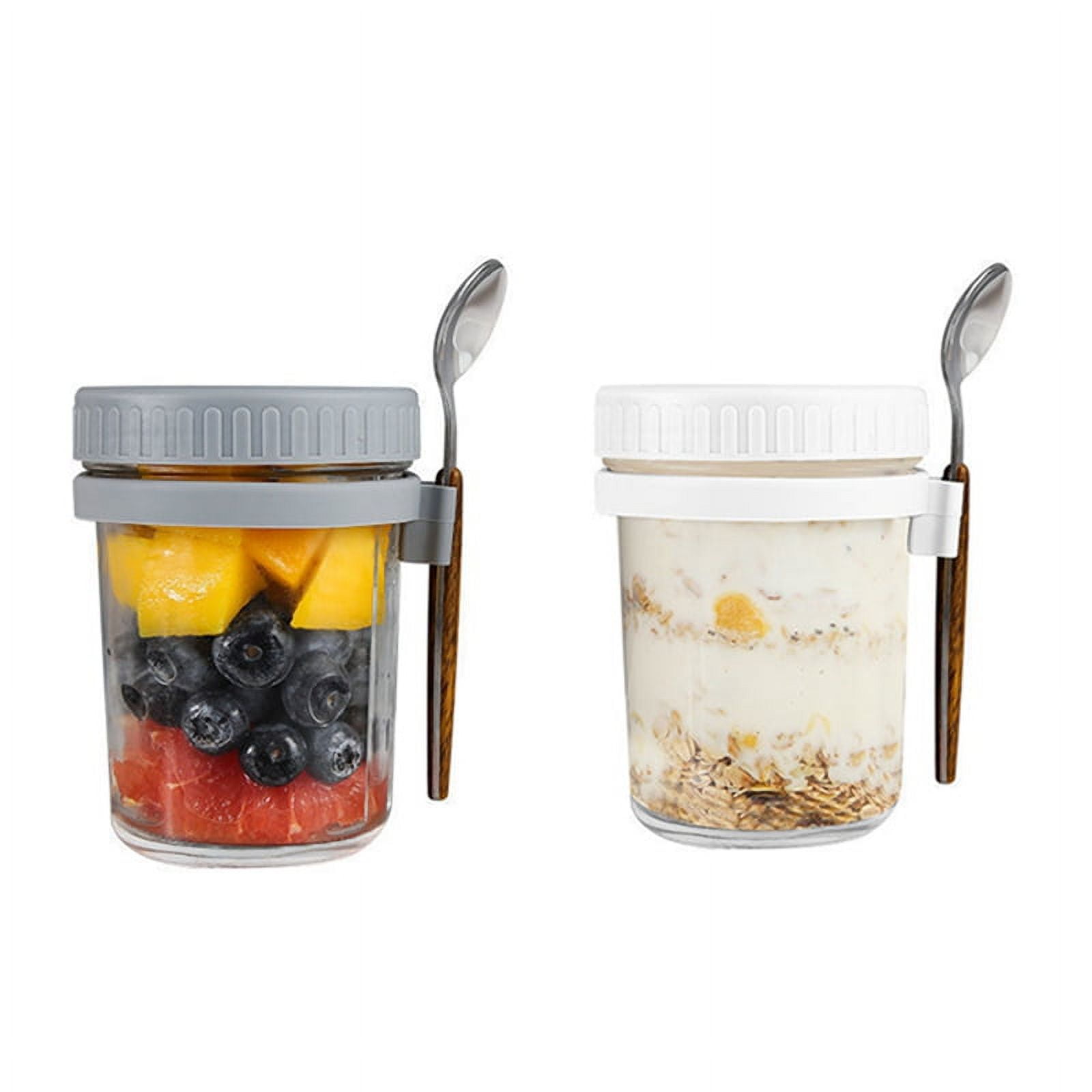 Patiofeel Overnight Oats Jars， Overnight Oats Container with Lid and Spoon，  10 oz Cereal， Milk， Vegetable and fruit Salad Storage Container with  Measurement Marks (White And Gray) 