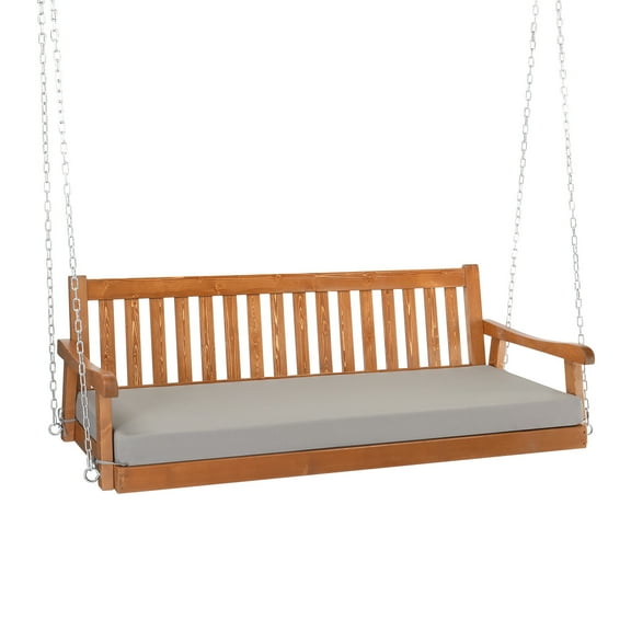 Overpatio Adult Cedar Wood Bench Porch Swing with Cushioned Seat and Adjustable Chains, Brown