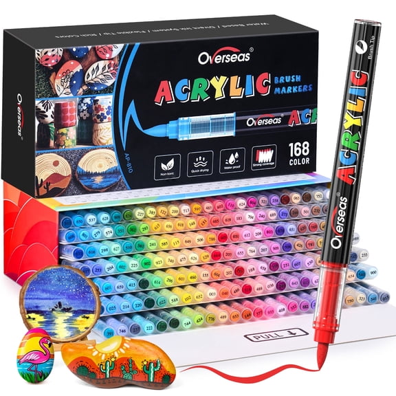 Overseas Acrylic Paint Markers 168 Colors, Liquid Ink Brush Tip Paint Pens - Water Based, No Bleeding, Waterproof Acrylic Marker Pen for Rock, Wood, Canvas, Glass, Fabric, Metal, Plastic, Paper