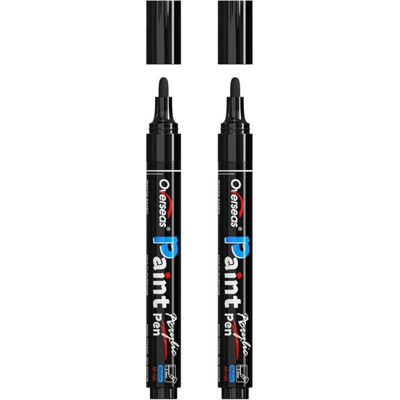 Overseas Black Paint Pens Paint Markers - Permanent Acrylic Markers 2 Pack, Water Based, Quick Dry, Waterproof Paint Marker Pen for Rock, Wood, Plastic, Metal, Canvas, Glass, Fabric, Mugs. Medium Tip