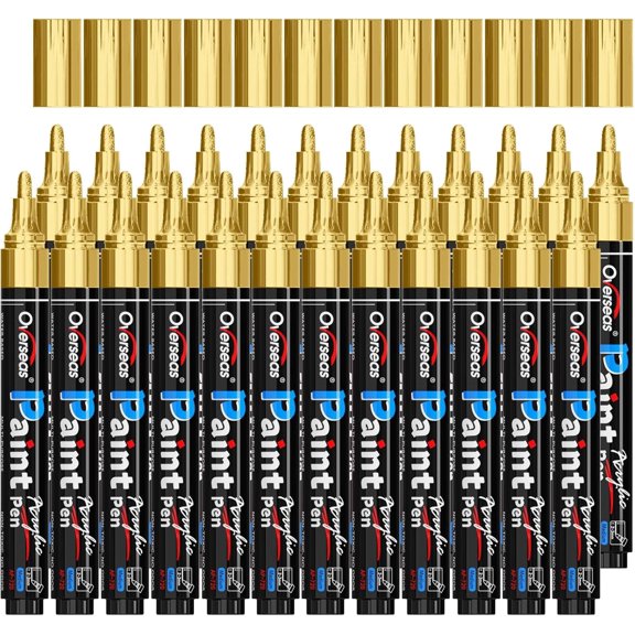 Overseas Metallic Gold Acrylic Paint Markers Pens Set - 24 Pack Acrylic Permanent Markers, Water-Based, Quick Drying, Waterproof, Medium Tip Paint Pens for Rock, Wood, Plastic, Metal, Canvas, Glass
