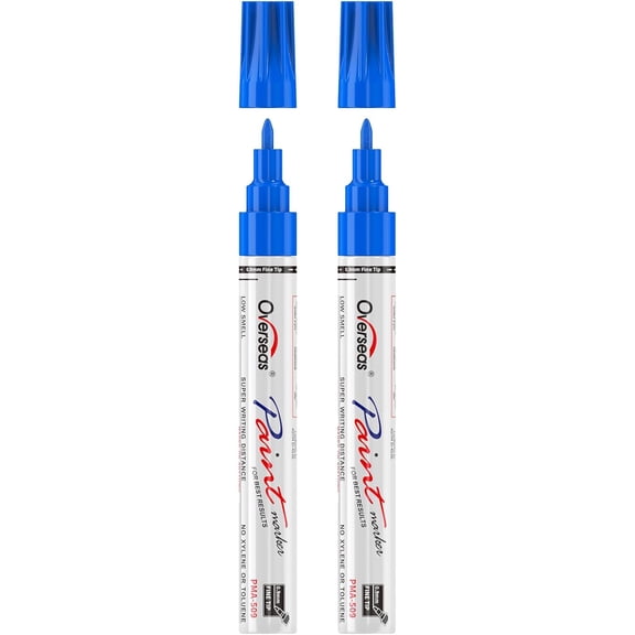 Overseas Oil-Based Fine Tip Paint Marker Pen - 2 Pack Blue 0.9mm Fine Nib Permanent Markers, Quick Dry, Waterproof, Fade Resistant Paint Pens for Metal, Wood, Rock, Plastic, Ceramics, Rubber, Glass