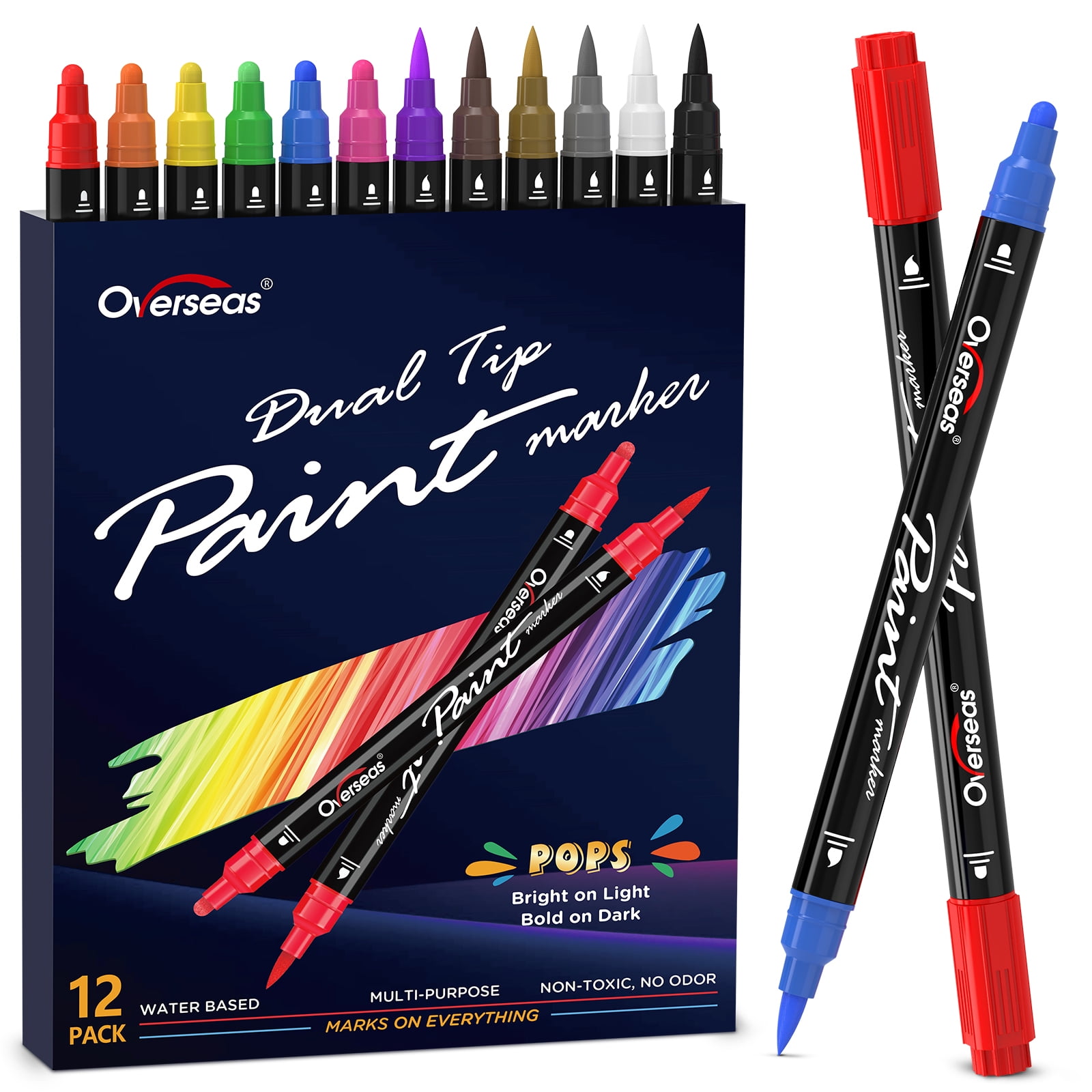 Overseas Paint Marker Pens - Dual Tip Acrylic Paint Pens 12 Colors, Acrylic Paint Markers with Brush Tip and Medium Tip, Permanent Markers for Wood, Rock, Canvas, Glass, Metal, Ceramic, Plastic