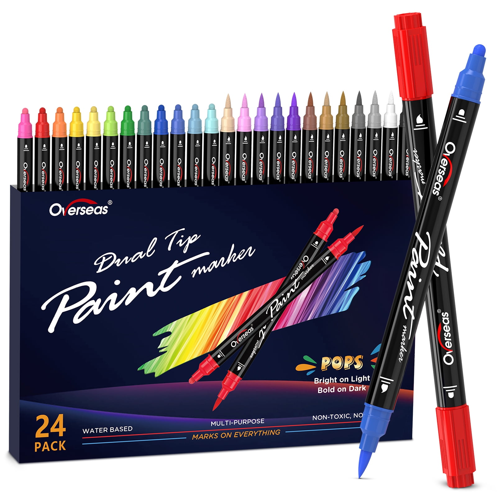 Overseas Paint Marker Pens - Dual Tip Acrylic Paint Pens 24 Colors, Acrylic Paint Markers with Brush Tip and Medium Tip, Permanent Markers for Wood, Rock, Canvas, Glass, Metal, Ceramic, Plastic