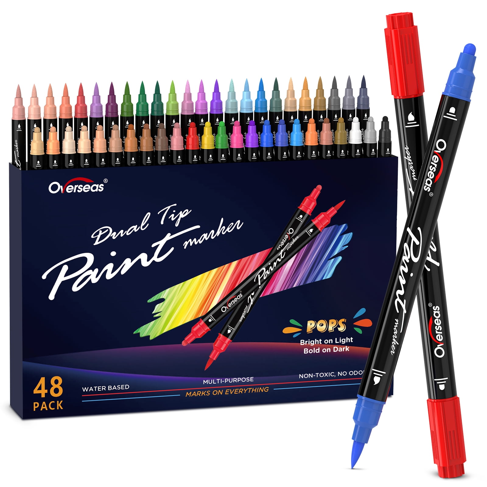 Overseas Paint Marker Pens - Dual Tip Acrylic Paint Pens 48 Colors, Acrylic Paint Markers with Brush Tip and Medium Tip, Permanent Markers for Wood, Rock, Canvas, Glass, Metal, Ceramic, Plastic