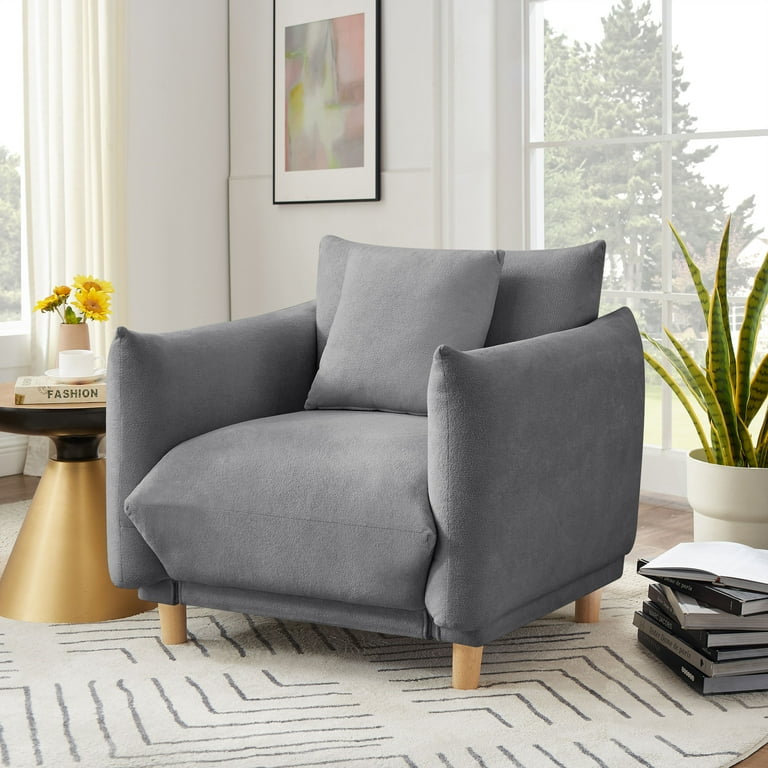 Oversize Accent Chairs for Living Room Comfy Towelling Fabric Upholstered Armchair Mid Century Modern Reading Arm Chair Single Sofa Chair with Solid