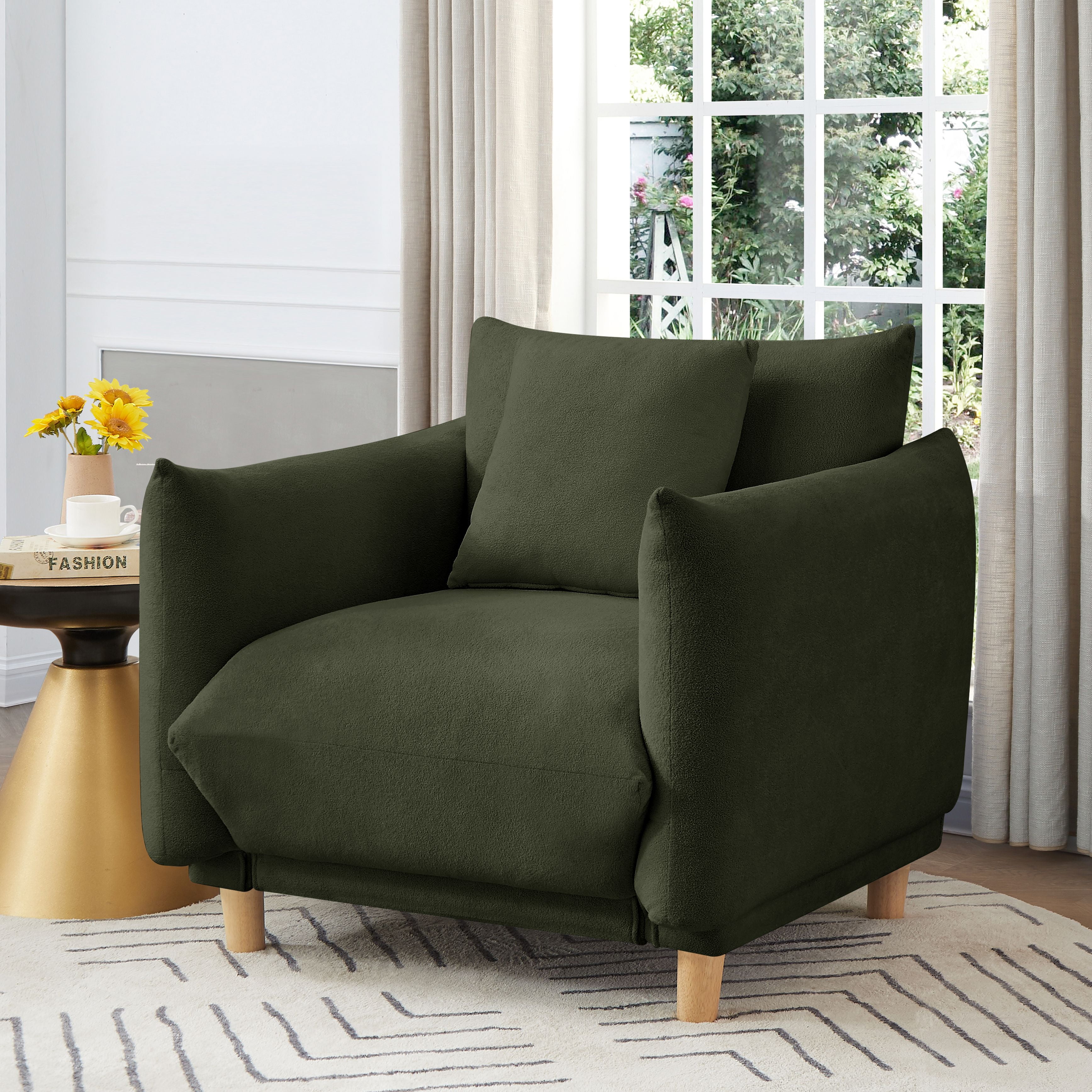 Oversize Accent Chairs for Living Room,Comfy Towelling Fabric Upholstered Armchair,Mid Century Modern Reading Arm Chair Single Sofa Chair with Wood Legs for Living Room Bedroom Playroom,Dark Green