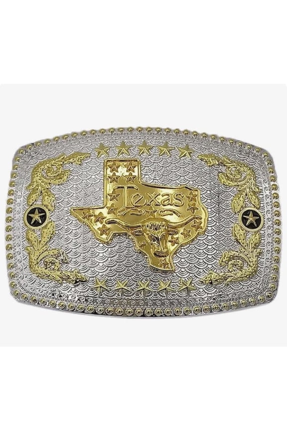 Oversize BIG TEXAS State Flag Western Belt Buckle Silver Gold Long Horn Bull Cowboy Rodeo