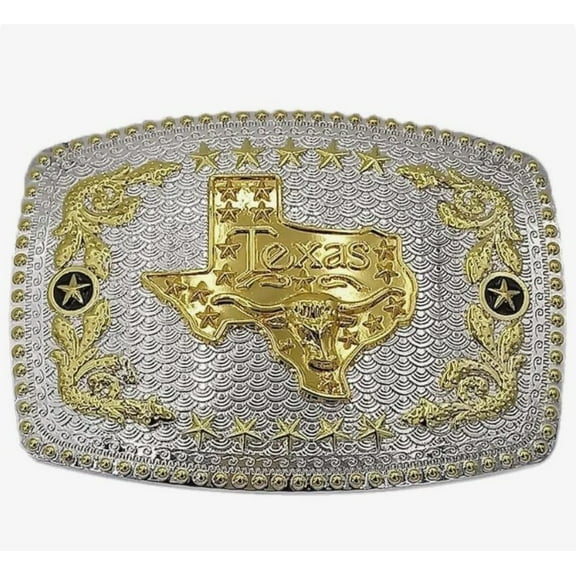 Oversize BIG TEXAS State Flag Western Belt Buckle Silver Gold Long Horn Bull Cowboy Rodeo