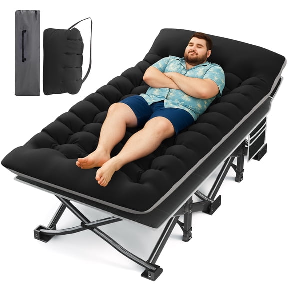 Oversize Camping Cot Extra Large Folding Bed Heavy Duty Steel Frame Mattress Pad Storage Bag Portable Outdoor Sleeping Cot Guest Bed Office Napping Recliner Black Pack