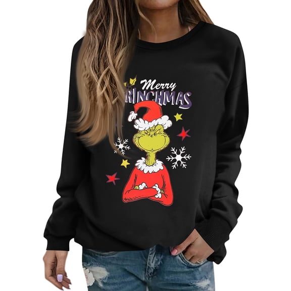 Oversize Christmas Sweatshirt Funny Christmas Tree Xmas Cute Graphic Long Sleeve Pullover Black Large
