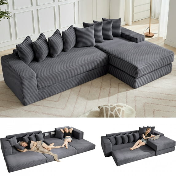 Oversize Cloud Couch, L-Shape Sofa, Convertible Floor Sleeper Sofa Bed, No Assembly ,Eight pillows,3-in-1,Magazine bag,(Right Facing Sofa),4 Seat,Corduroy,Dark Gray