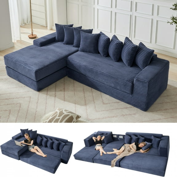 Oversize Cloud Couch, L-Shape Sofa, Convertible Floor Sleeper Sofa Bed, No Assembly ,Eight pillows,3-in-1,Side Pocket,(Left Facing Sofa),4 Seat,Corduroy,Blue