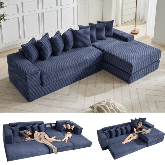 Oversize Cloud Sectional Couch, L-Shape Sofa, Convertible Floor Sleeper Sofa Bed, No Assembly ,Eight pillows,3-in-1,Magazine bag,(Right Facing Sofa),4 Seat,Corduroy,Blue