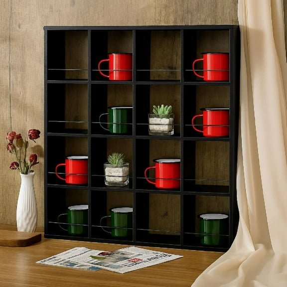 Oversize Coffee Mug Display Rack 16 Slot Wooden Wall Mounted Curio Shadow Box Shelf Cup Floating Shelves Display Organizer Rustic Vintage Home Decor, 4 x 4(Black)