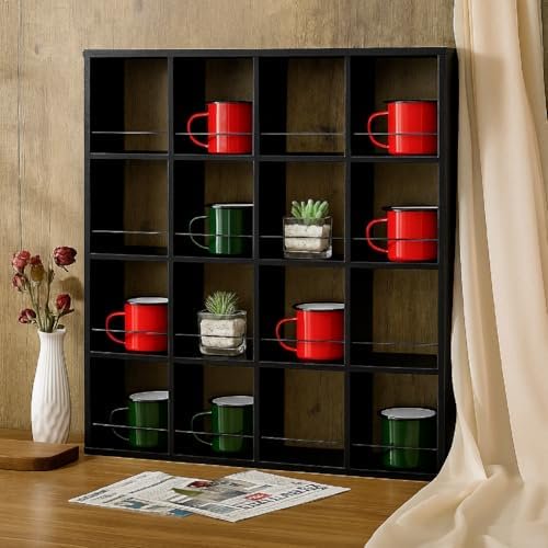 Oversize Coffee Mug Display Rack 16 Slot Wooden Wall Mounted Curio Shadow Box Shelf Cup Floating Shelves Display Organizer Rustic Vintage Home Decor, 4 x 4(Black)