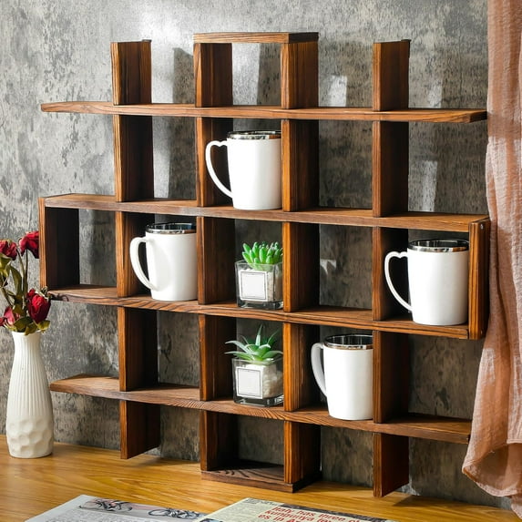 Oversize Coffee Mug Display Rack Wooden Display Shelves Rustic Wooden Floating Curio Shelf Travel Wall Mounted Coffee Mug Rack Holder Shadow Box Shelf (Grid Size 5.1x5.1x3in,Rustic Brown)