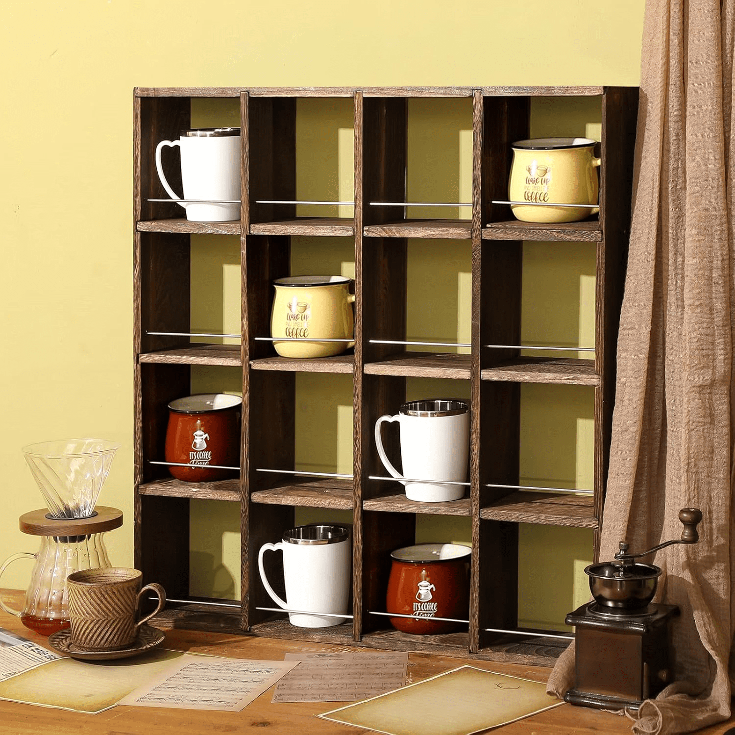 Mug Rack Table Oversize Coffee Mug Display Rack Wooden Shelves Rustic Shot Glass ...