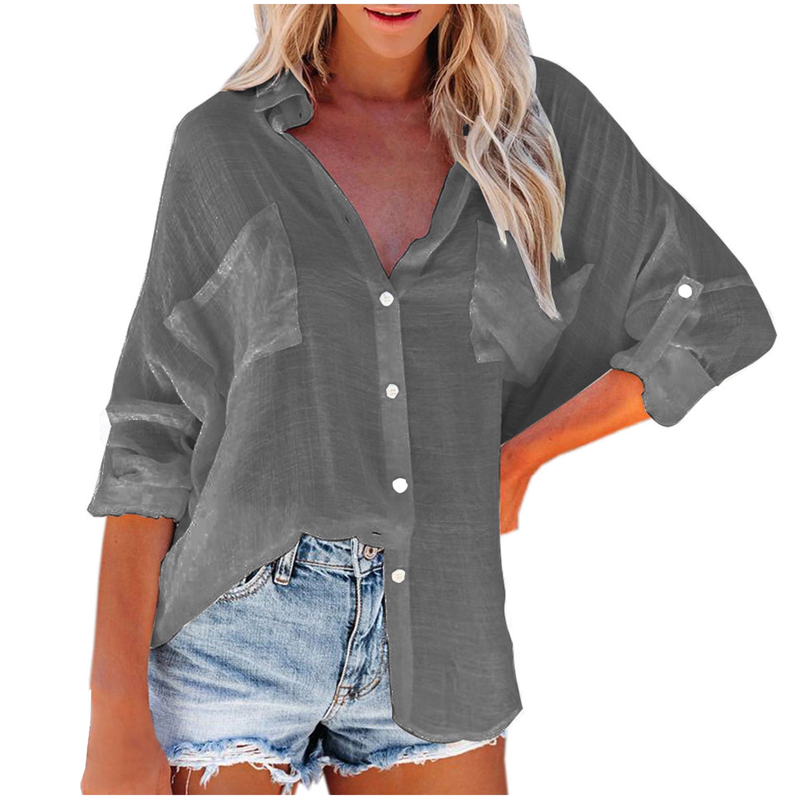 Oversize Cotton Linen Shirts for Womens Roll-Up Sleeve Tops Button Down ...