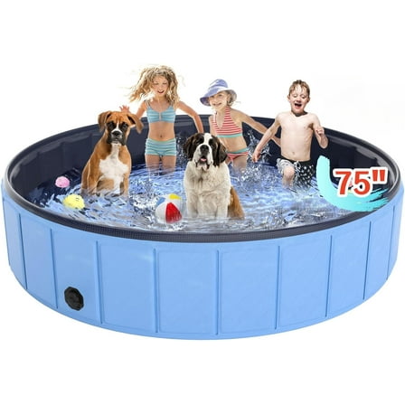 Oversize Dog Pool 75"x 16",  Foldable Dog Swimming Pool, Hard Plastic PVC Leakproof Doggie Wading Collapsible Pet Bathing Tub for Puppy Small Medium Large Dogs and Kids, Blue