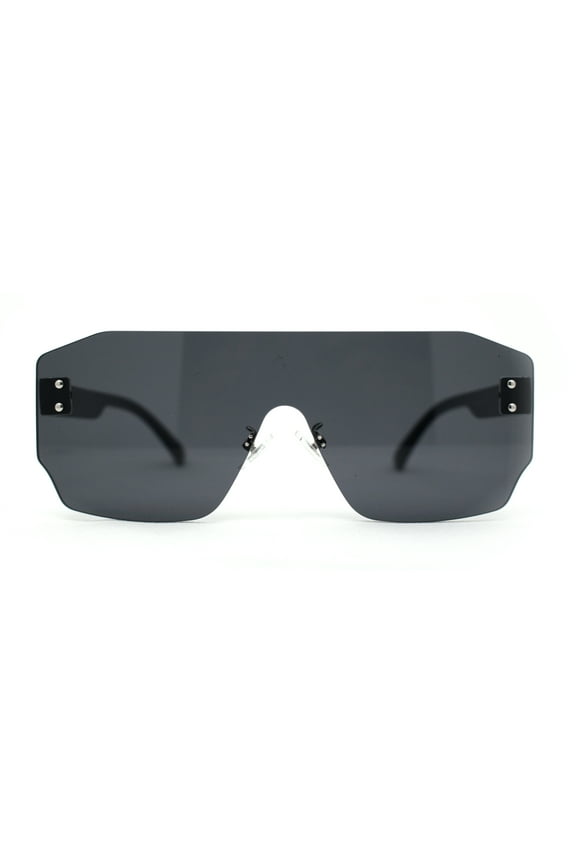 Oversize Flat Top Panel Mono Block Shield Lens Sunglasses All Black