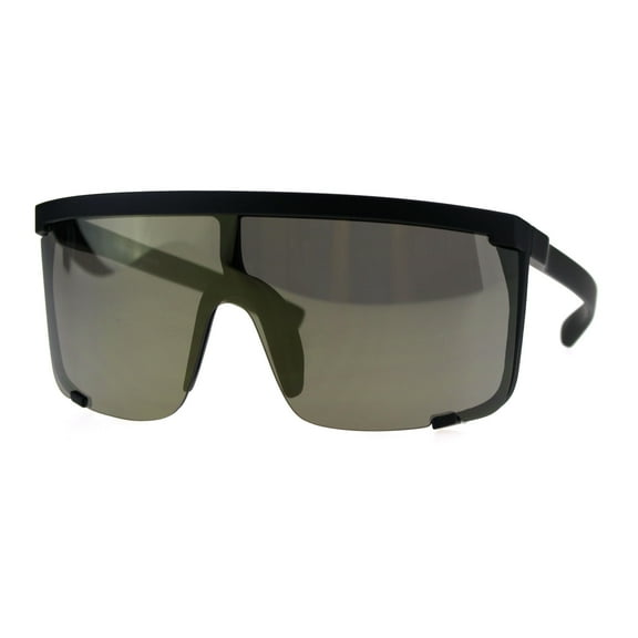 Oversize Flat Top Shield Exposed Lens Reflective Color Mirror Sunglasses Black Brown