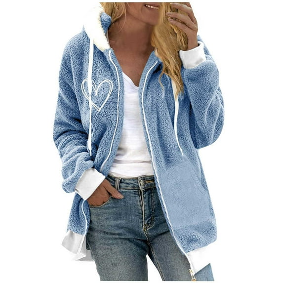 Oversize Fleece Hooded Coats for Women Printed Drawstring Zipper Sweatshirt Ladies Keep Warm Outwear with Pockets