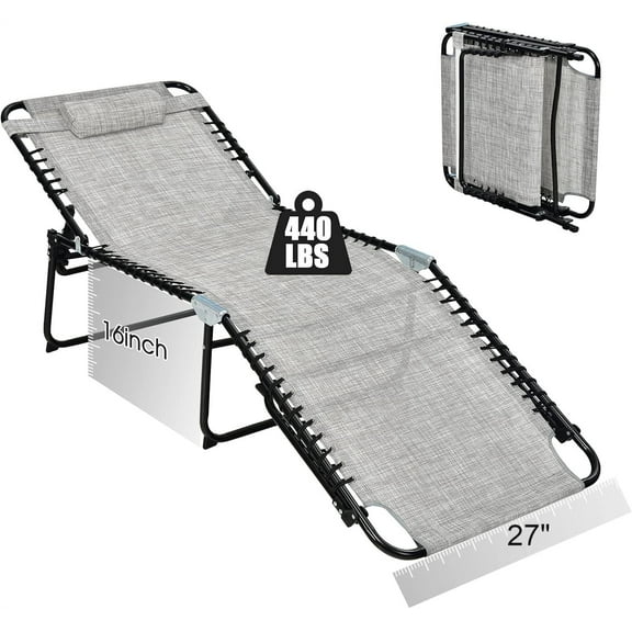 Oversize Folding Beach Lounge Chair, 27 Inch Wide 440lbs Capacity Tanning Chair, Adjustable Backrest and Footrest, Removable Pillow, Lightweight Portable for Lawn, Poolside, Patio, Outdoor, Gray