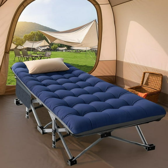 Oversize Folding Camping Cot, 78 in. L X 32 in. W Camp Cot, XL Sleeping Cot With Mattress, Carry Bag, Blue