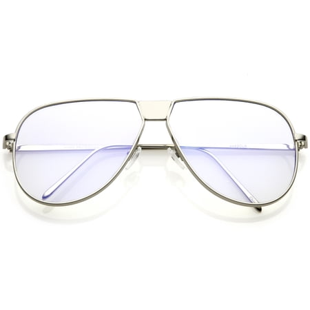 Oversize Full Metal Flat Top Aviator Glasses Clear Flat Lens 60mm (Silver / Clear)