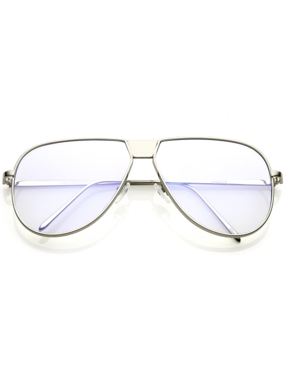 Oversize Full Metal Flat Top Aviator Glasses Clear Flat Lens 60mm (Silver / Clear)