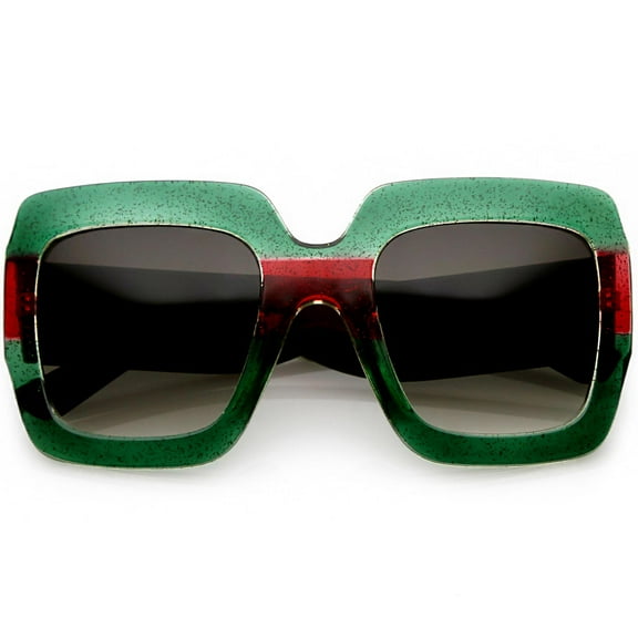Oversize Glitter Two Toned Square Sunglasses Wide Arms Neutral Colored Lens 53mm (Green Red / Lavender)