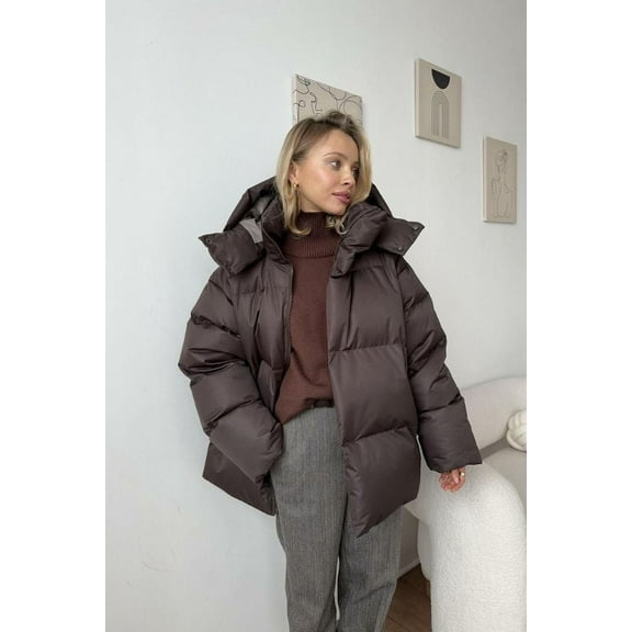 Oversize Hooded Zipper Coats (L, Brown)
