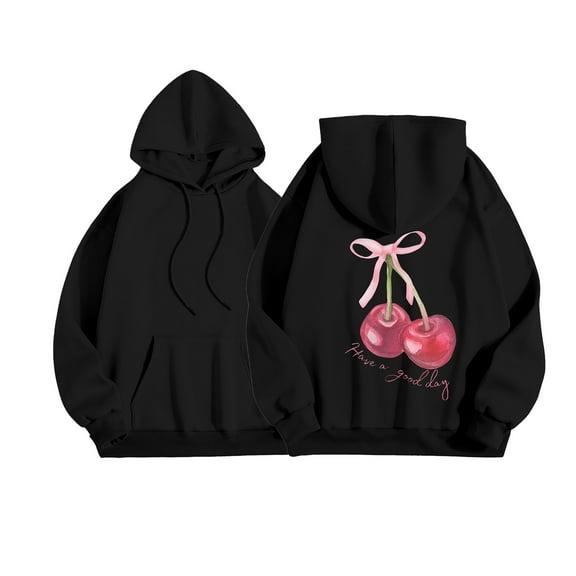 Oversize Hoodie for Women Bow Letter Cherry Print Long Sleeve Drawstring Hooded with Pocket Y2k Winter Sweatshirts Black