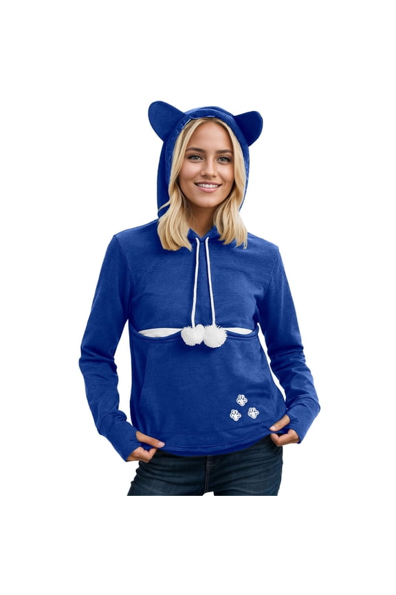 Oversize Hoodie for Women Cute Bear Ear Hooed Lined Kangaroo Cat Dog Pouch Pet Carrier Animal Lightweight Hooded Sweatshirts