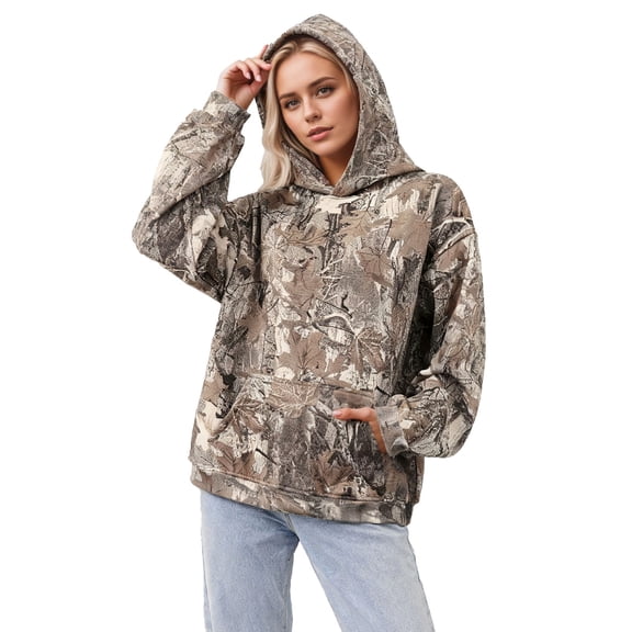 Oversize Hoodie for Women Fall Camo Print Long Sleeve with Pocket Maple Leaf Graphic Vintage Casual Loose Fit Hooded Sweatshirts