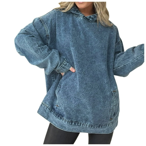 Oversize Hoodie for Women Fall Vintage Distress Solid Casual Long Sleeve Denim Loose Fit Hooded Sweatshirts