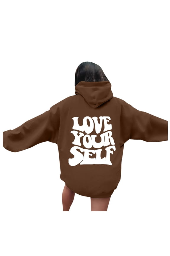 Oversize Hoodie for Women Love Yourself Letter Print Hooded Preppy Long Sleeve With Pocket Athletic Pullover Sweatshirt Brown