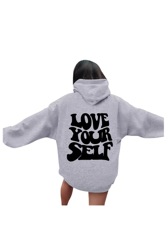 Oversize Hoodie for Women Love Yourself Letter Print Hooded Preppy Long Sleeve With Pocket Pullover Sweaters Grey
