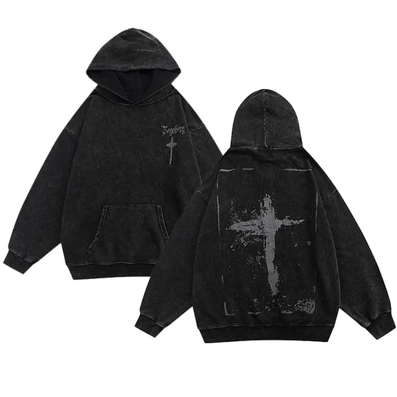 Oversize Hoodie for Women Vintage Distressed Wash Long Sleeve Soft Hooded with Pocket Loose Fot Sweatshirts Black