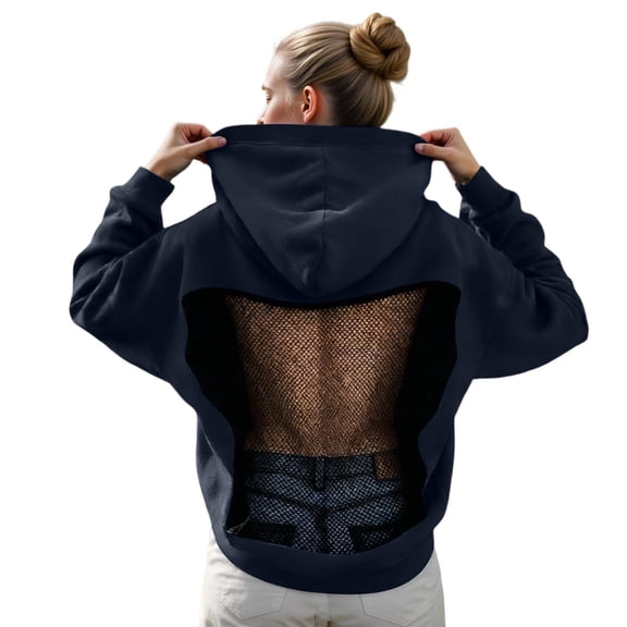 Oversize Hoodies for Women Trendy Backless Mesh Hollow Out Long Sleeve with Pocket Winter Fashion Hooded Sweatshirts