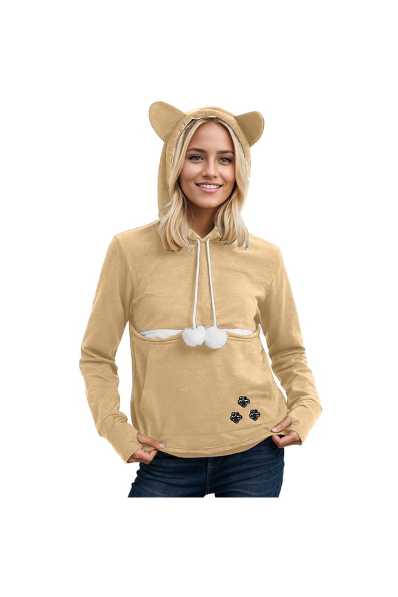 Oversize Hoodies for Women Trendy Cute Bear Ear Hooed Lined Kangaroo Cat Dog Pouch Pet Carrier Animal Hooded Pullover Sweaters