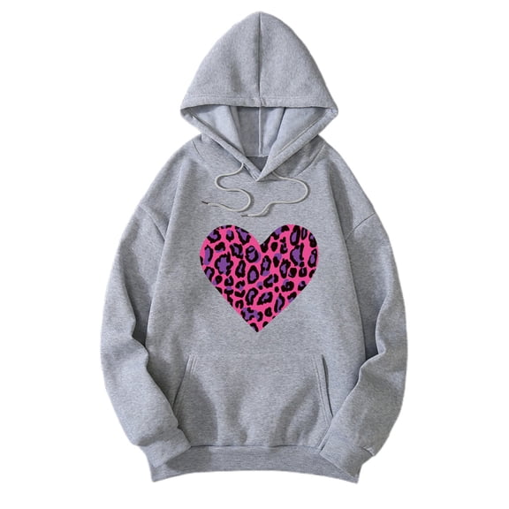 Oversize Hoodies for Women Trendy Leopard Print Heart Graphic Long Sleeve Hooded with Pocket Valentine's Day 2025 Fall Trendy Outfits Grey