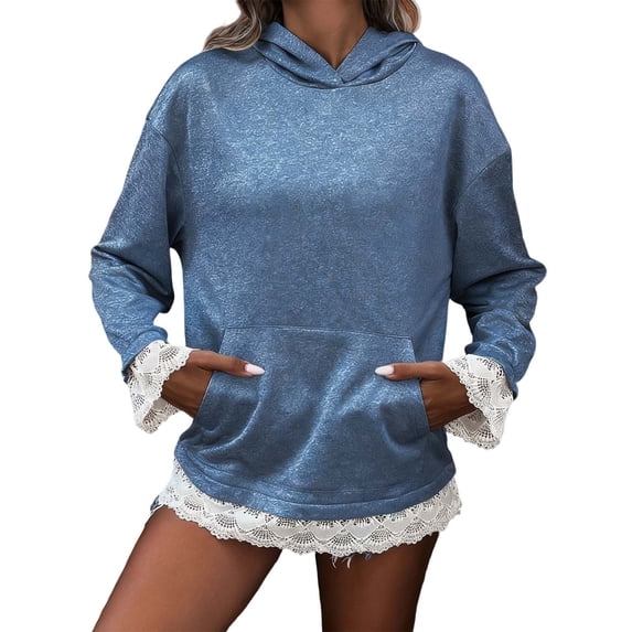 Oversize Hoodies for Women Trendy Solid Lace Hem Long Sleeve with Pocket Casual Winter Fashion Hooded Sweatshirts
