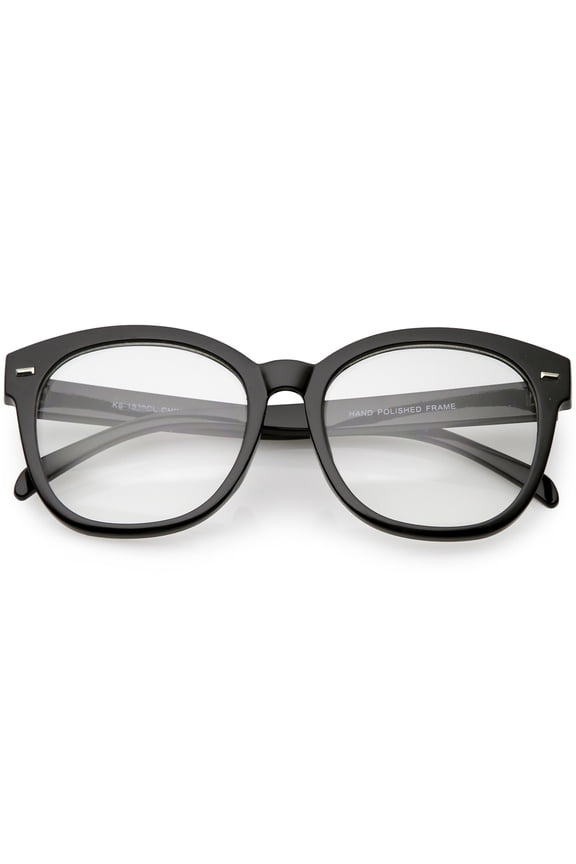 Oversize Horn Rimmed Round Eyeglasses Metal Rivets Clear Lens 55mm (Black / Clear)