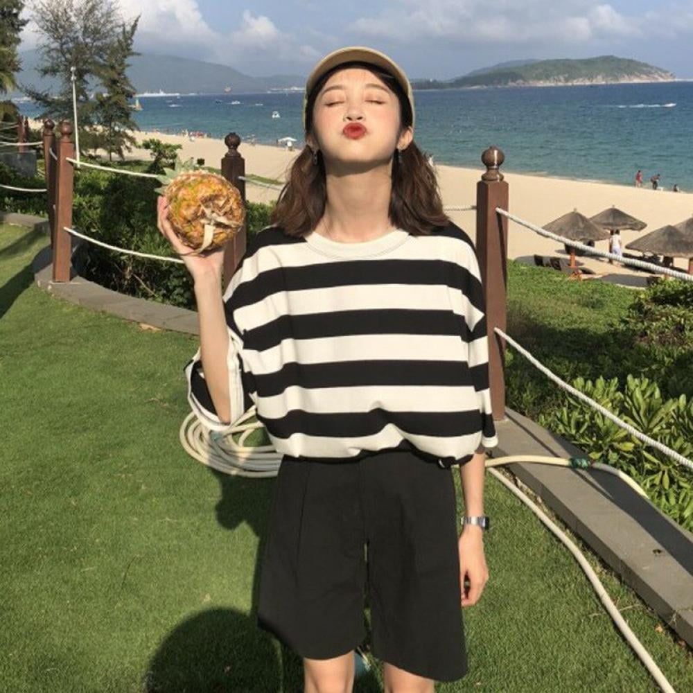 Oversize Korean Style T-shirt Women Short Sleeve Striped