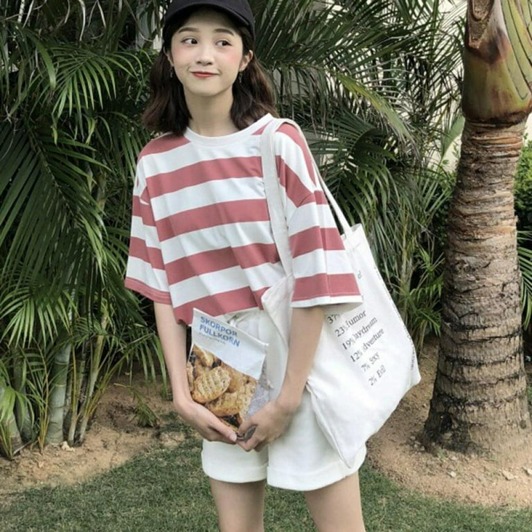 Oversize Korean Style T-shirt Women Short Sleeve Striped Casual Loose Tee  Hip Hop Streetwear Plus Size Cotton Blend Tshirt